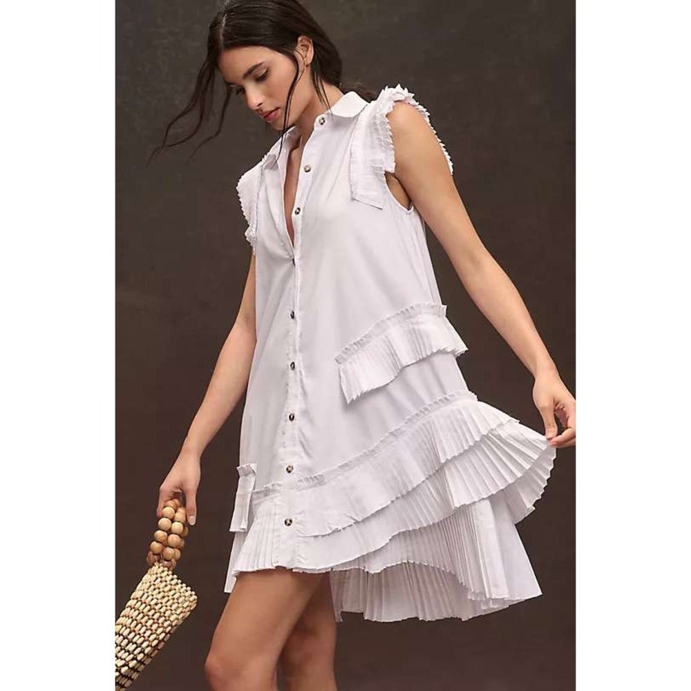 Anthropologie White Pleated Ruffle Sleeveless Shirt Dress L Ivory NWT